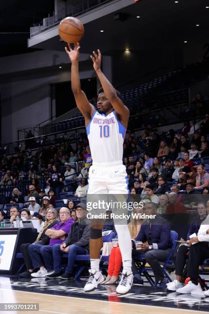 Adam Flagler of the Oklahoma City Blue shoots the ball during the game against the Stockton Kings at Stockton Arena on February 10, 2024 in Stockton,...