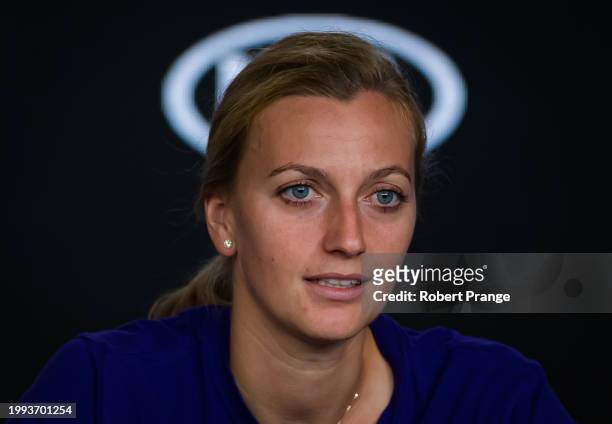 Petra Kvitova of the Czech Republic talks to the media after losing to Ashleigh Barty of Australia in the quarter-final of the 2020 Australian Open...