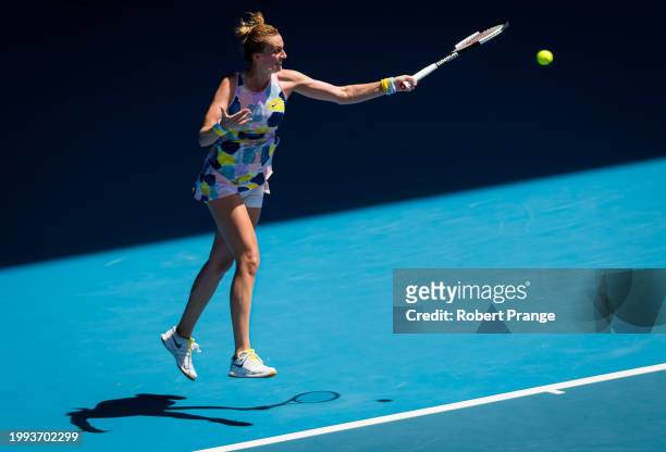 Petra Kvitova of the Czech Republic in action against Ashleigh Barty of Australia in the quarter-final of the 2020 Australian Open at Melbourne Park...