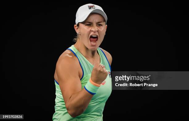 Ashleigh Barty of Australia in action against Alison Riske of the United States in the fourth round of the 2020 Australian Open at Melbourne Park on...
