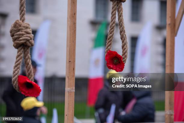 Nooses with red roses are displayed during the Anglo-Iranian community rally to support the Iranian people's push for a new revolution. Members of...