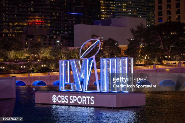 The Super Bowl LVIII logo on display on a floating CBS Sports platform in the Bellagio fountains leading up to Super Bowl LVIII featuring the NFC...