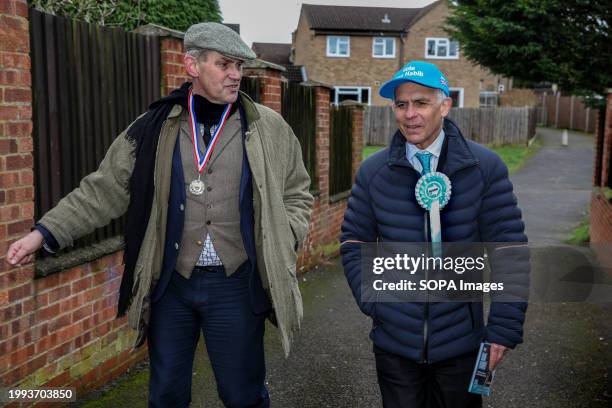 Ben Habib canvasses door to door in the Wellingborough constituency with party worker Gawain Towler. Ben Habib campaigns for the Reform Party in the...