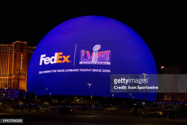 The Sphere displays advertising featuring the FedEx logo alongside the Super Bowl LVIII logo leading up to Super Bowl LVIII featuring the NFC...