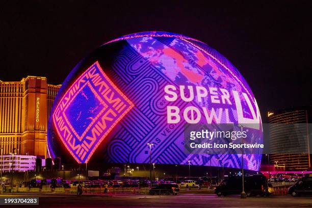 The Sphere displays art featuring the Super Bowl LVIII logo leading up to Super Bowl LVIII featuring the NFC Champion San Francisco 49ers and the AFC...