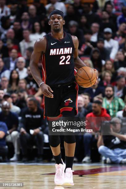 Jimmy Butler of the Miami Heat dribbles the ball during the fourth quarter of the game against the Orlando Magic at Kaseya Center on February 06,...