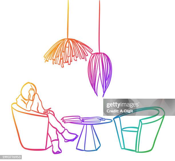 introspection and thinking rainbow - cafe window stock illustrations