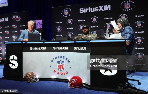 Rich Gannon, Fletcher Cox and Bruce Murray speak on SiriusXM at Super Bowl LVIII on February 07, 2024 in Las Vegas, Nevada.