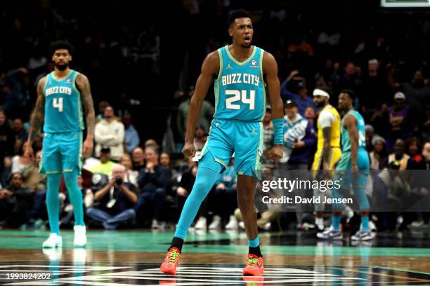 Brandon Miller of the Charlotte Hornets reacts during the second half of an NBA game against the Los Angeles Lakers at Spectrum Center on February...