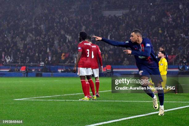 Kylian Mbappe of Paris Saint-Germain reacts after scoring during the French Cup match between Paris Saint-Germain and Stade Brestois at Parc des...