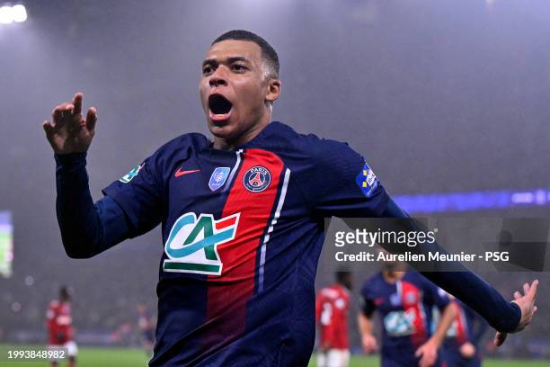Kylian Mbappe of Paris Saint-Germain reacts after scoring during the French Cup match between Paris Saint-Germain and Stade Brestois at Parc des...