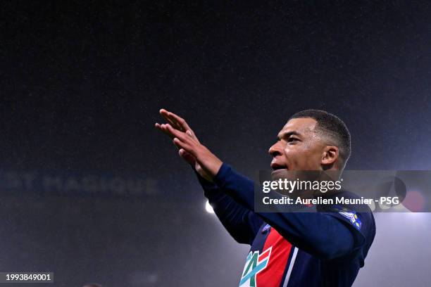 Kylian Mbappe of Paris Saint-Germain reacts after scoring during the French Cup match between Paris Saint-Germain and Stade Brestois at Parc des...