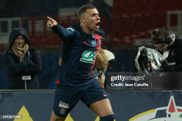 Kylian Mbappe of PSG celebrates his goal during the French Cup match between Paris Saint-Germain and Stade Brestois 29 at Parc des Princes stadium on...