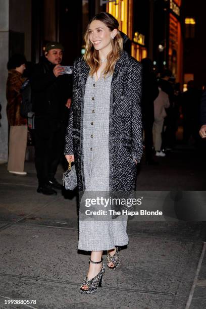 Elizabeth Olsen is seen in Midtown on February 07, 2024 in New York City.