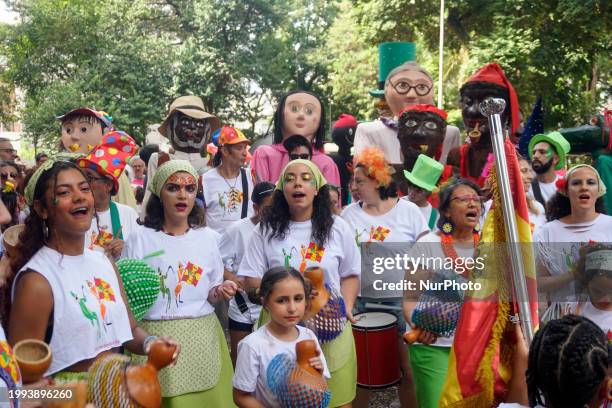 The Bloco das Emilias e Visconde is parading through the streets of the Santa Cecilia neighborhood in Sao Paulo, Brazil, on February 10, 2024.