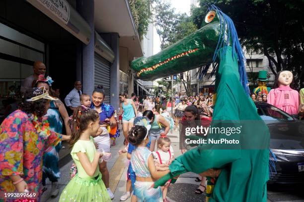 The Bloco das Emilias e Visconde is parading through the streets of the Santa Cecilia neighborhood in Sao Paulo, Brazil, on February 10, 2024.