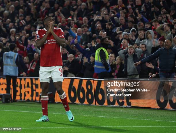 Nottingham Forest's Taiwo Awoniyi reacts to Referee Anthony Taylor ruling his goal as being offside during the Premier League match between...