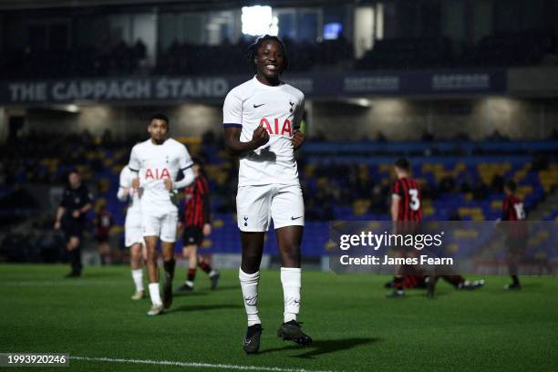 Damola Ajayi of Tottenham Hotspur celebrates scoring his team's fifth goal during the FA Youth Cup fifth-round match between Tottenham Hotspur U18...