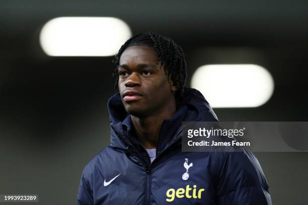 Callum Olusesi of Tottenham Hotspur arrives at the stadium prior to the FA Youth Cup fifth-round match between Tottenham Hotspur U18 and AFC...