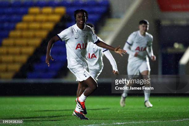 Callum Olusesi of Tottenham Hotspur celebrates scoring his team's first goal during the FA Youth Cup fifth-round match between Tottenham Hotspur U18...