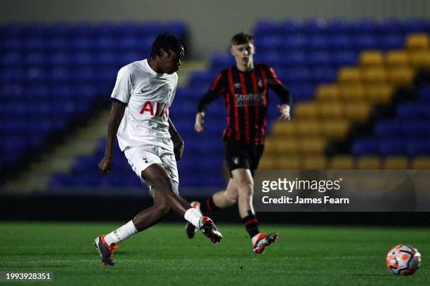 Callum Olusesi of Tottenham Hotspur scores his team's first goal during the FA Youth Cup fifth-round match between Tottenham Hotspur U18 and AFC...