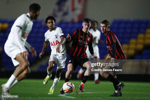 Leo Black of Tottenham Hotspur battles for possession with Ollie Eagle of AFC Bournemouth during the FA Youth Cup fifth-round match between Tottenham...
