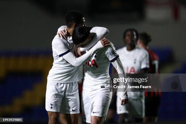 Mikey Moore of Tottenham Hotspur celebrates with Ellis Lehane of Tottenham Hotspur after scoring his team's fourth goal during the FA Youth Cup...