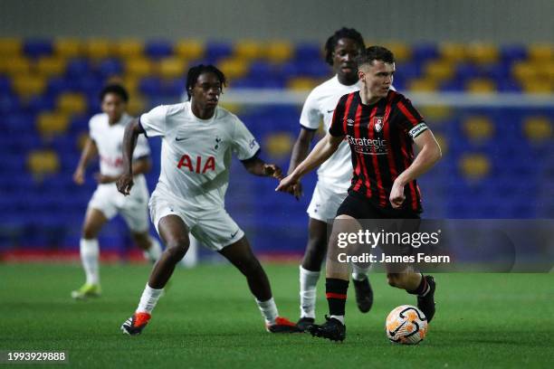 Ollie Morgan of AFC Bournemouth on the ball whilst under pressure from Callum Olusesi and Damola Ajayi of Tottenham Hotspur during the FA Youth Cup...