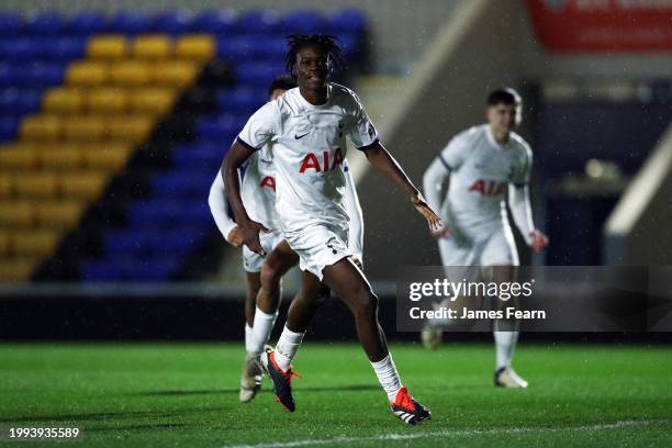 Callum Olusesi of Tottenham Hotspur celebrates scoring his team's first goal during the FA Youth Cup fifth-round match between Tottenham Hotspur U18...