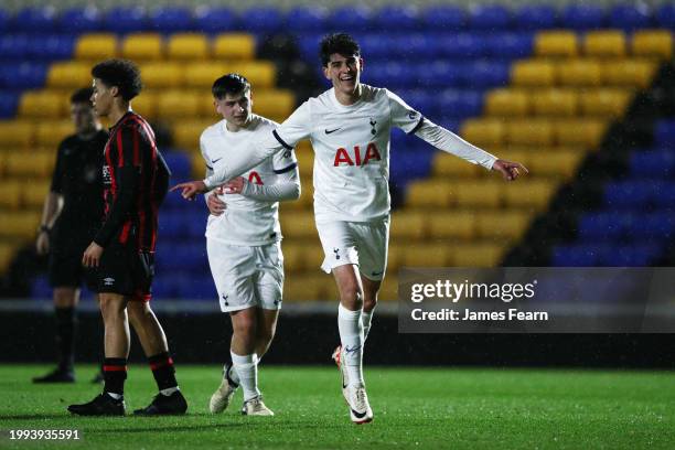 Oliver Irow of Tottenham Hotspur celebrates scoring his team's third goal during the FA Youth Cup fifth-round match between Tottenham Hotspur U18 and...