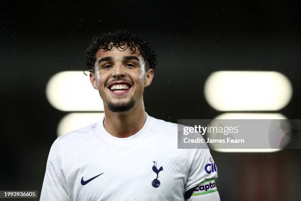 Archie Chaplin of Tottenham Hotspur celebrates victory at full-time following the FA Youth Cup fifth-round match between Tottenham Hotspur U18 and...