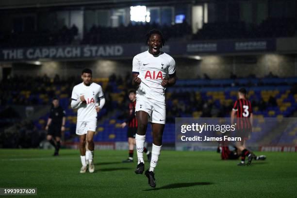 Damola Ajayi of Tottenham Hotspur celebrates scoring his team's fifth goal during the FA Youth Cup fifth-round match between Tottenham Hotspur U18...