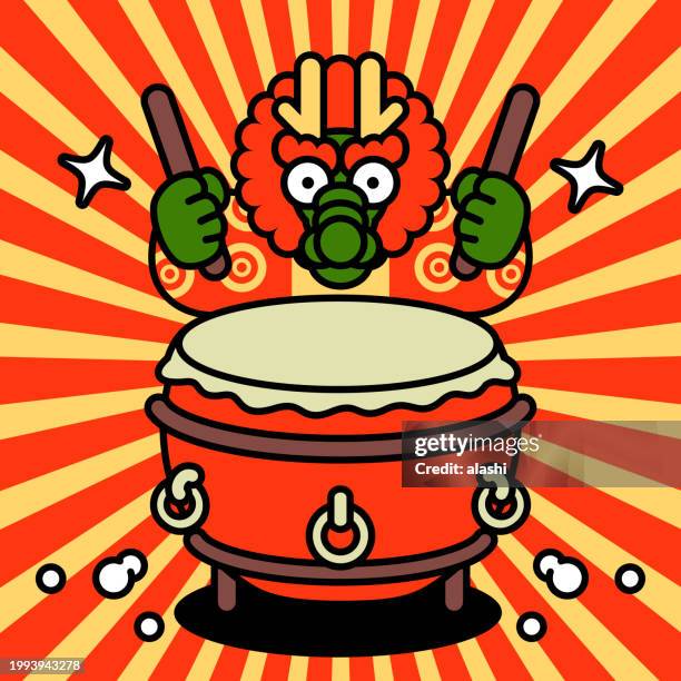 ilustraciones, imágenes clip art, dibujos animados e iconos de stock de el dragón de año nuevo está tocando el tambor tradicional chino o el bombo chino - bote dragón