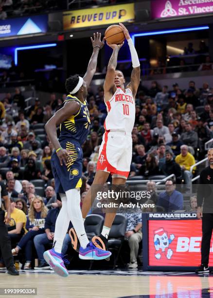 Jabari Smith Jr of the Houston Rockets against Indiana Pacers in the second half of the game at Gainbridge Fieldhouse on February 06, 2024 in...