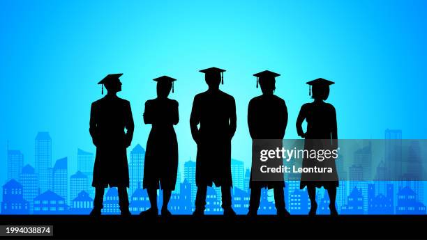 graduates in the city silhouette - portraits of people blue background stock illustrations