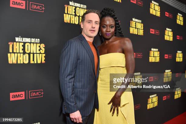 Andrew Lincoln and Danai Gurira attend the premiere for AMC+ "The Walking Dead: The Ones Who Live" at Linwood Dunn Theater on February 07, 2024 in...