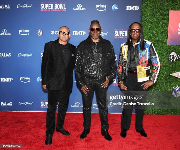 Ralph Johnson, Philip Bailey, and Verdine White of Earth, Wind & Fire arrive at Super Bowl Soulful Celebration at Palms Casino Resort at Pearl...