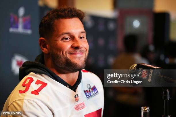 Nick Bosa speaks to the media during San Francisco 49ers media availability ahead of Super Bowl LVIII at Hilton Lake Las Vegas Resort and Spa on...