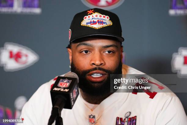 Trent Williams speaks to the media during San Francisco 49ers media availability ahead of Super Bowl LVIII at Hilton Lake Las Vegas Resort and Spa on...