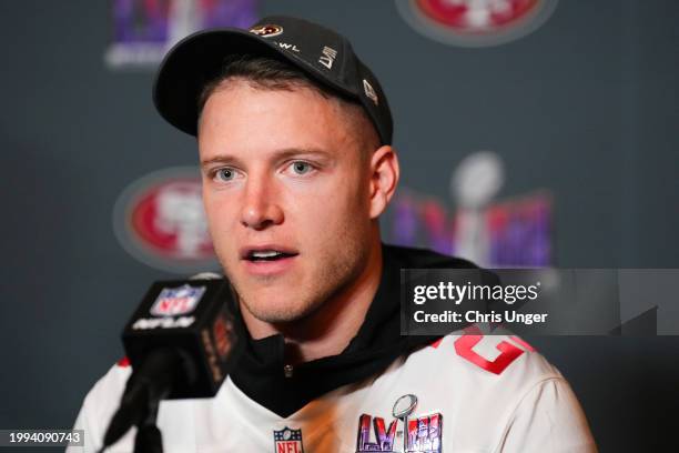 Christian McCaffrey speaks to the media during San Francisco 49ers media availability ahead of Super Bowl LVIII at Hilton Lake Las Vegas Resort and...