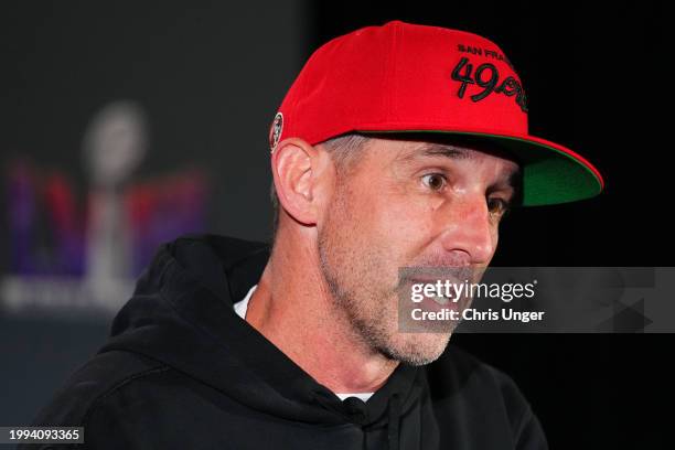 Head coach Kyle Shanahan speaks to the media during San Francisco 49ers media availability ahead of Super Bowl LVIII at Hilton Lake Las Vegas Resort...