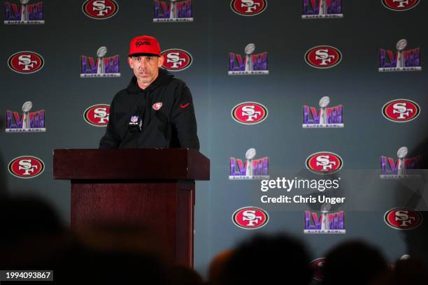 Head coach Kyle Shanahan speaks to the media during San Francisco 49ers media availability ahead of Super Bowl LVIII at Hilton Lake Las Vegas Resort...