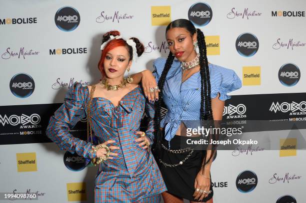Georgia South and Amy Love of Nova Twins pose in the winners room during the MOBO Awards 2024 at Utilita Arena Sheffield on February 07, 2024 in...
