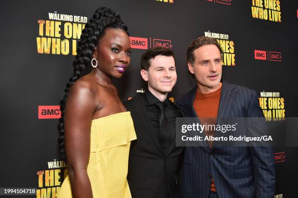 Danai Gurira, Chandler Riggs and Andrew Lincoln attend the premiere for AMC+ "The Walking Dead: The Ones Who Live" at Linwood Dunn Theater on...