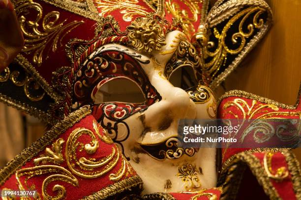 Typical Carnival mask is seen in a shop in Venice, Italy, on January 31st, 2024. The Carnival of Venice is an annual festival held in Venice, Italy....