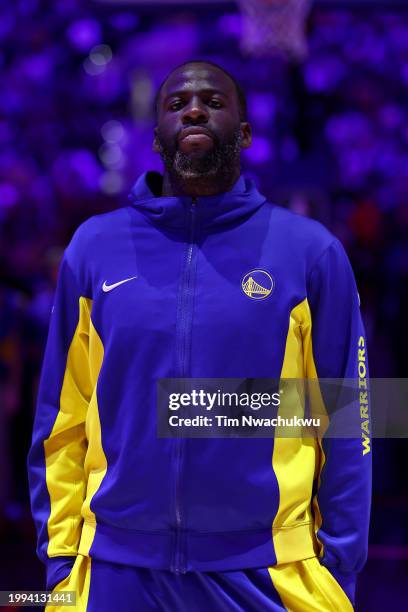 Draymond Green of the Golden State Warriors looks on before playing against the Philadelphia 76ers at the Wells Fargo Center on February 07, 2024 in...