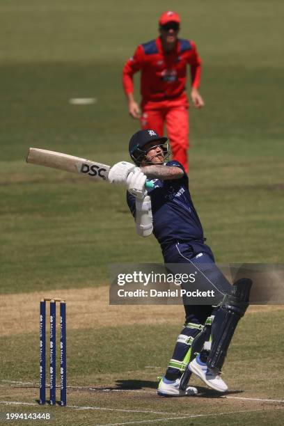 Nic Maddinson of Victoria hits a six during the Marsh One Day Cup match between Victoria and South Australia at CitiPower Centre, on February 08 in...