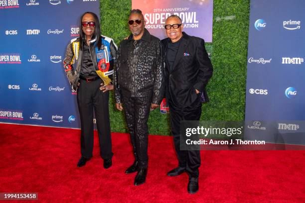 Verdine White, Ralph Johnson, and Philip Bailey of Earth, Wind & Fire arrive at the 25th Anniversary Super Bowl Soulful Celebration at Pearl Theater...