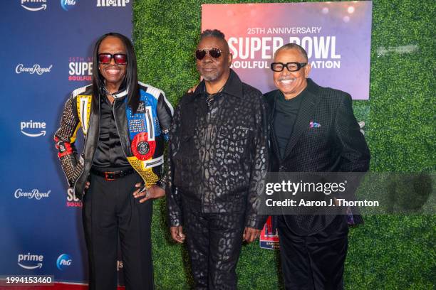 Verdine White, Ralph Johnson, and Philip Bailey of Earth, Wind & Fire arrive at the 25th Anniversary Super Bowl Soulful Celebration at Pearl Theater...