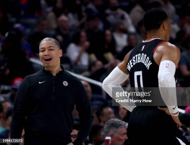 Tyronn Lue of the LA Clippers reacts behind Russell Westbrook during the first half against the New Orleans Pelicans at Crypto.com Arena on February...